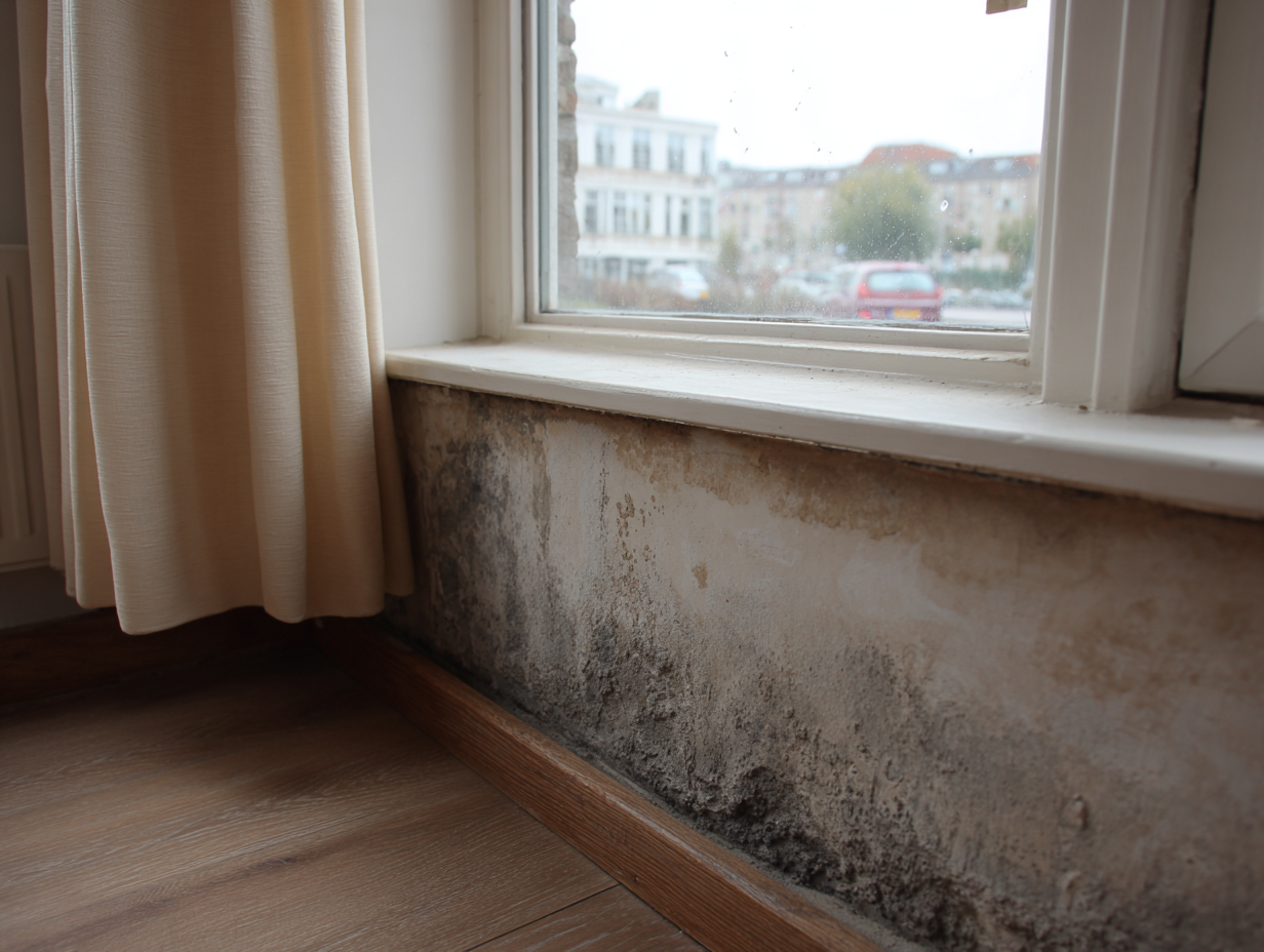 Herkenbare vochtplekken aan de onderkant van de muur door opstijgend vocht